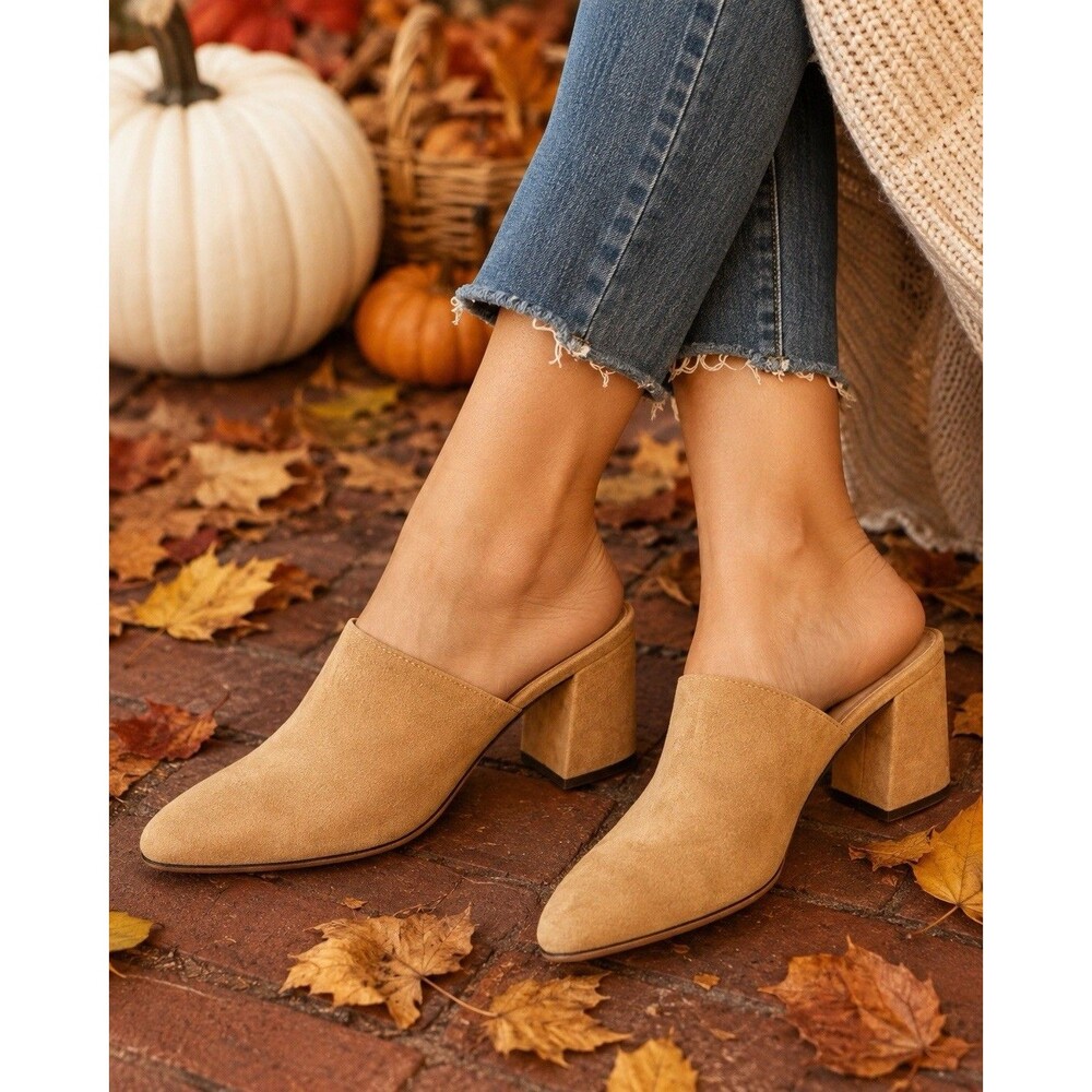 J Crew Tan Suede Pointed Toe Stacked Mid Block Heel Slip On Mules Clogs Size 9